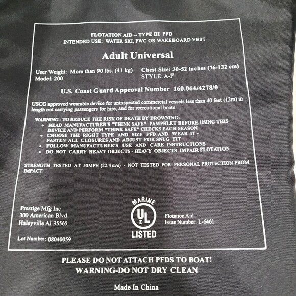 K2O Adult Universal Life Jacket Flotation Aid Vest Type III PFD Size 30-52 in - Picture 4 of 5